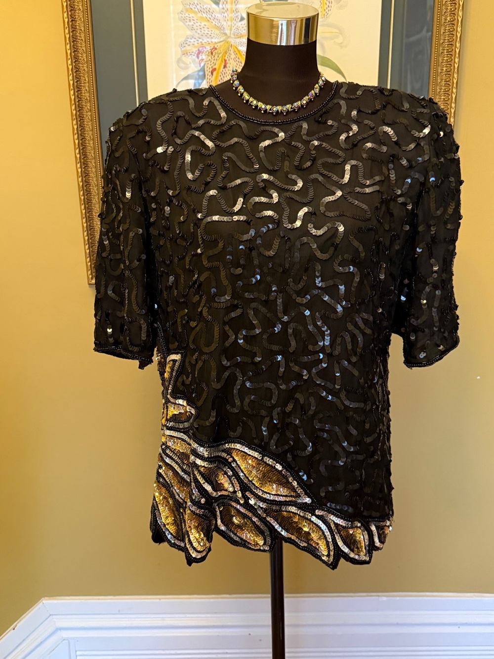 Black Short Sleeve Sequin Top with Gold Hem Detail